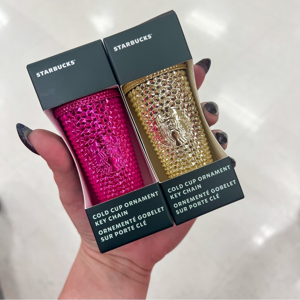Starbucks 2022 holiday metallic pink and gold ornaments